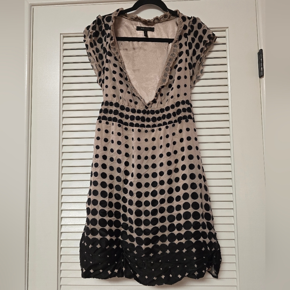 BCBGMaxAzria - Black & Tan Short-Sleeve Polka-Dot Dress With Waist Tie & Lining
